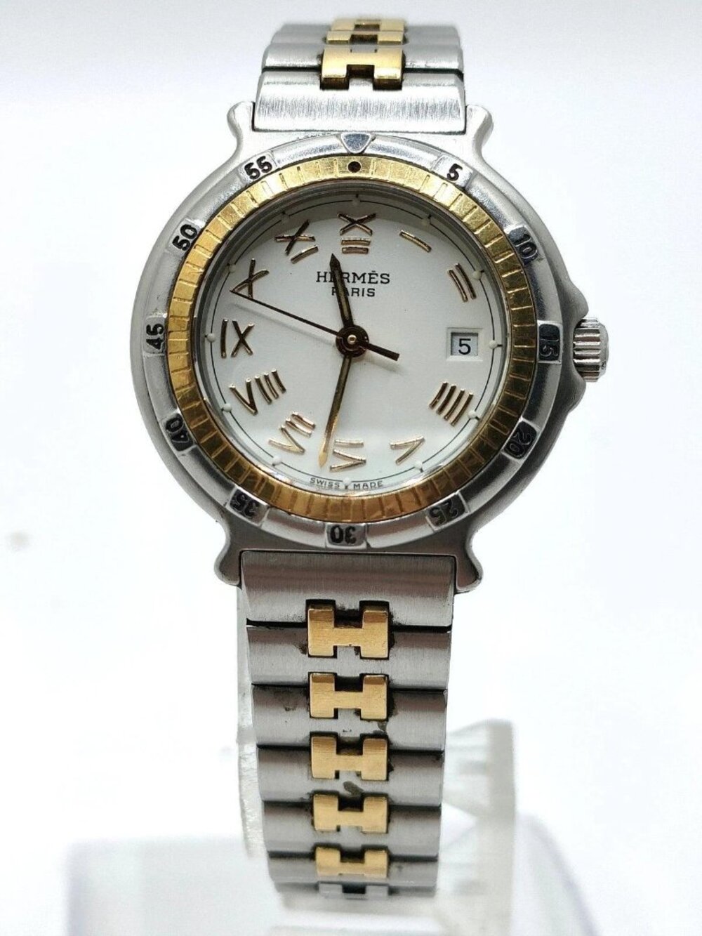Authentic Hermès Clipper Two-Tone Gold & Silver Quartz Watch Date Women's Luxury - Picture 3 of 12
